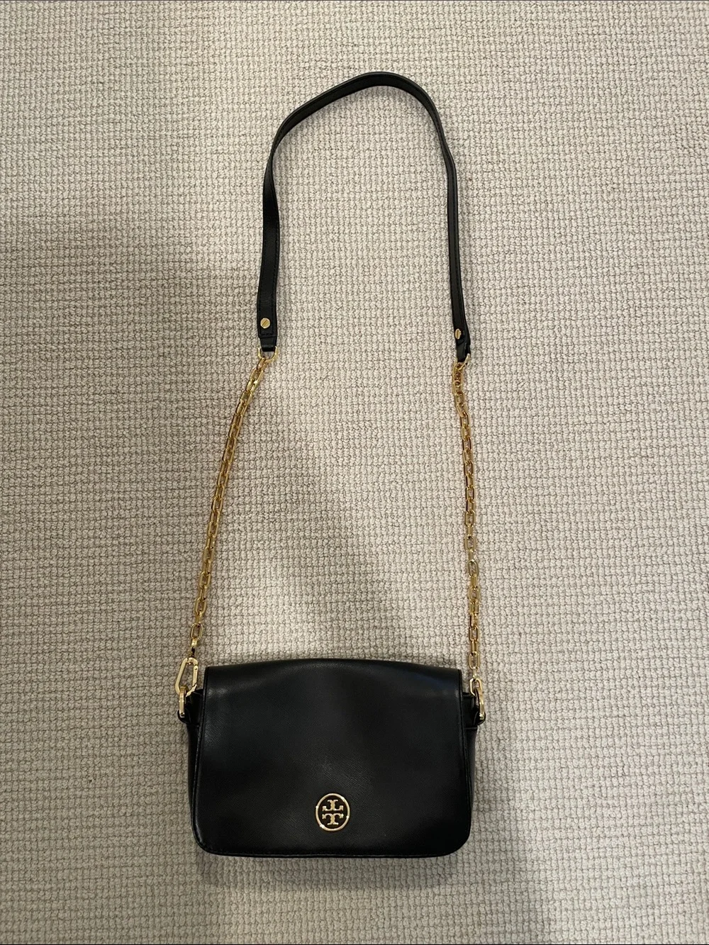 Tory Burch Black Leather Crossbody with Gold Chain Strap